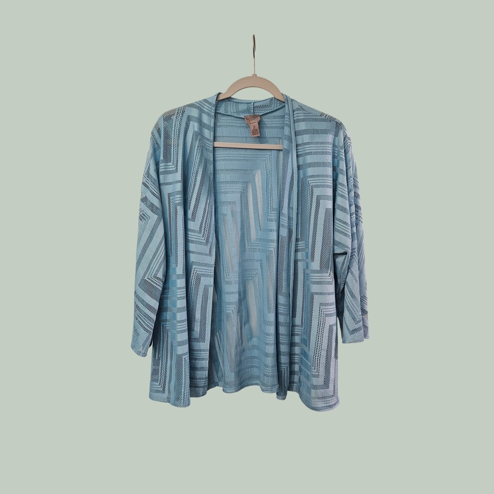 Easywear by Chicos Blue Geometric Knit Open Front Cardigan Size 2 L Large